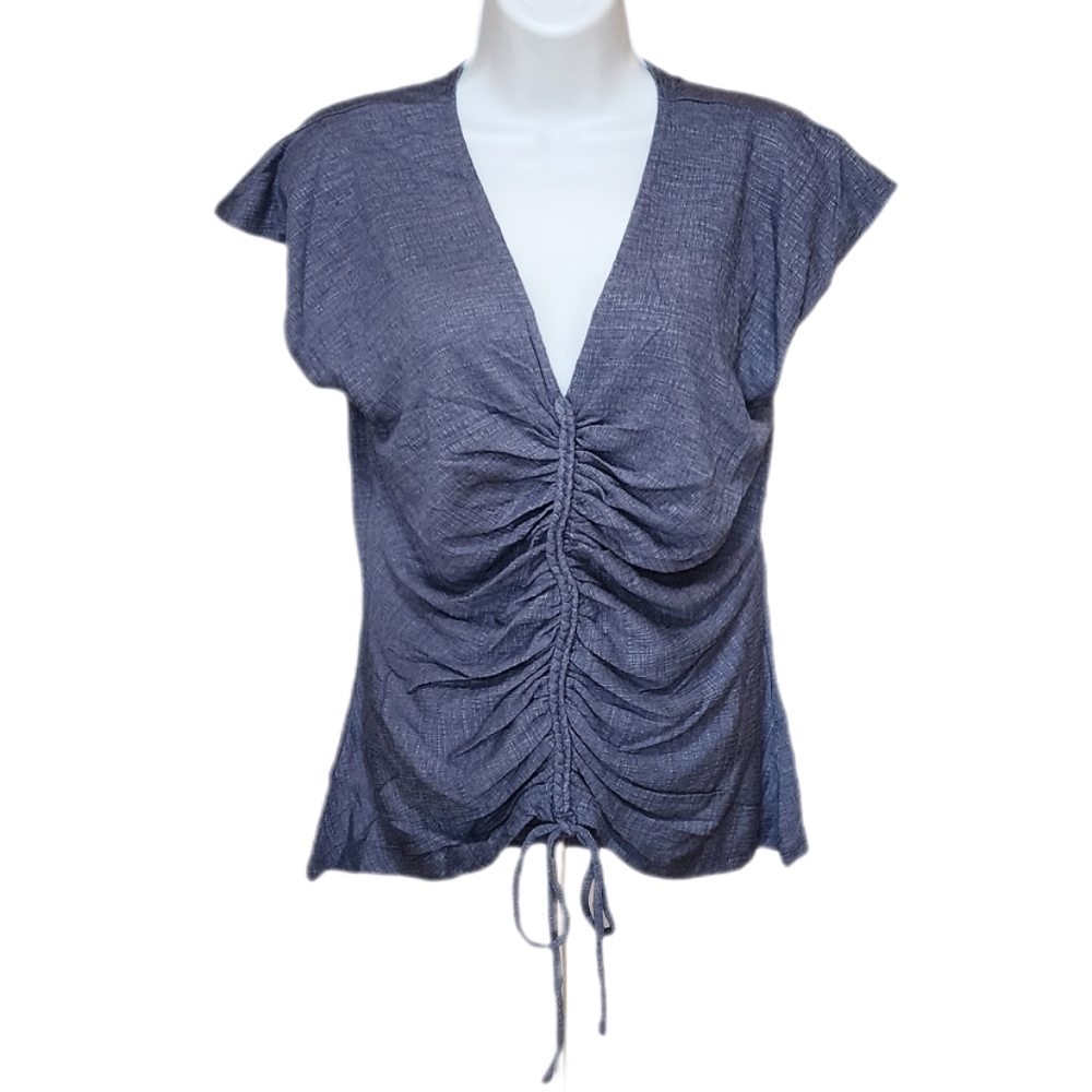 Max Studio London Women's V-neck Center Cinch Blouse Top Cap Short Sleeve Blue L